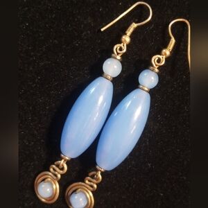 Blue jade & copper dangle earrings .